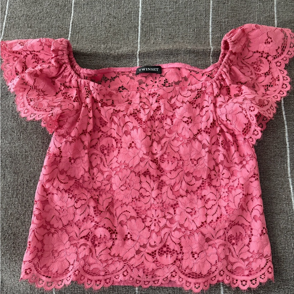 Twin-Set Milano Rose Pink Lace Off-Shoulder Blouse